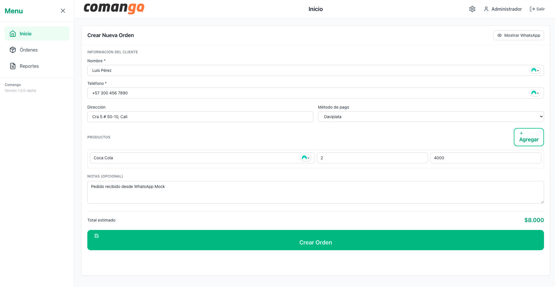 Vista del sistema Comango