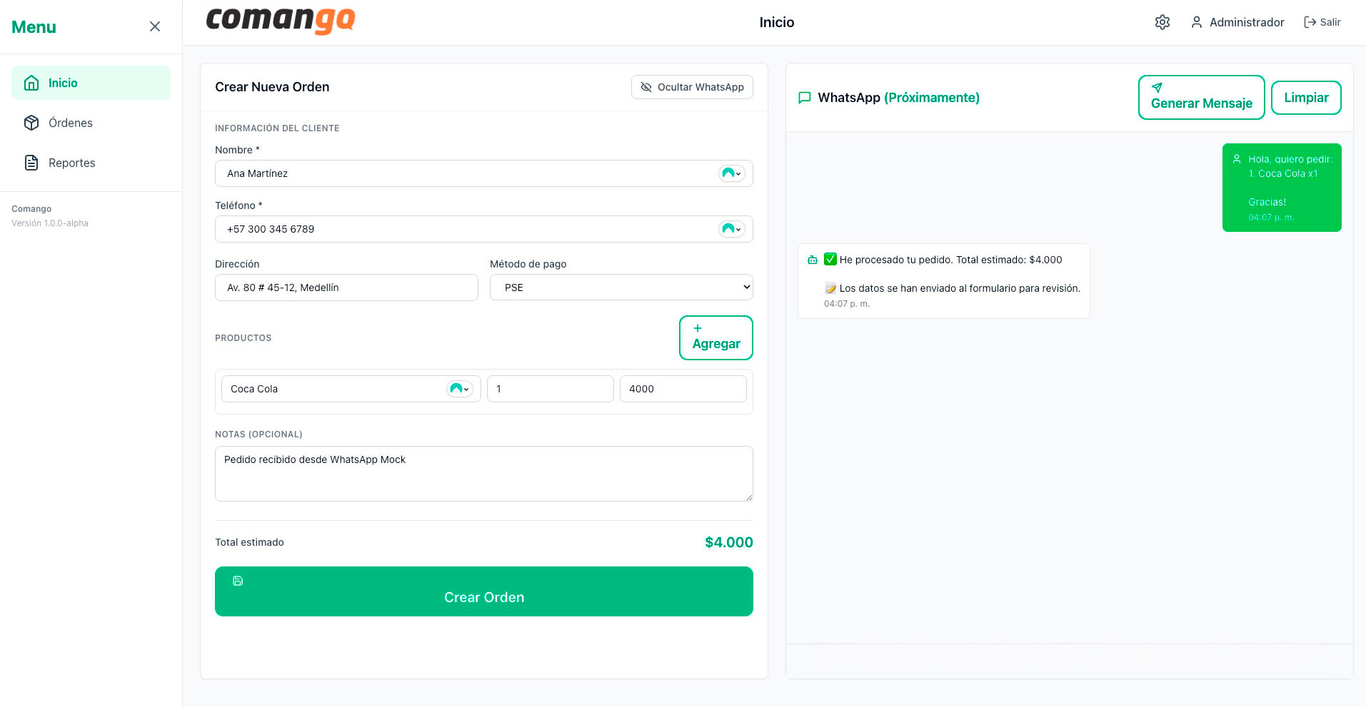 Vista del sistema Comango