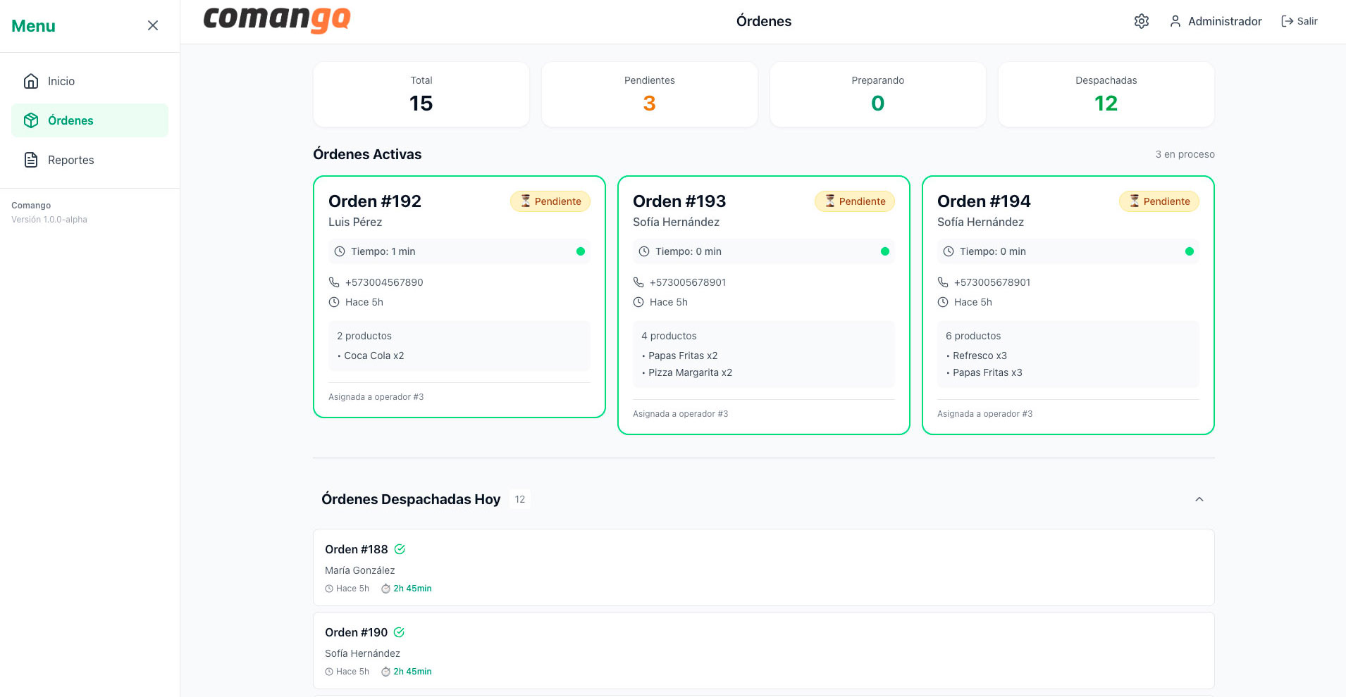 Vista del sistema Comango